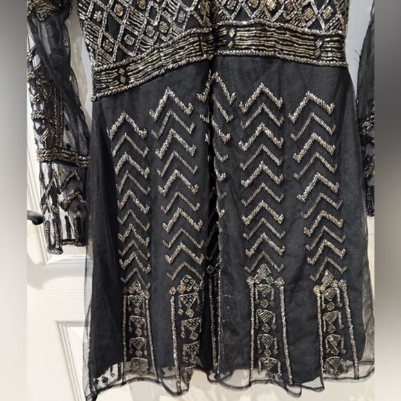 Katrina Grimaldi Black Long Sleeve Geometric Hand-Beaded Mini Cocktail Dress - Picture 7 of 9